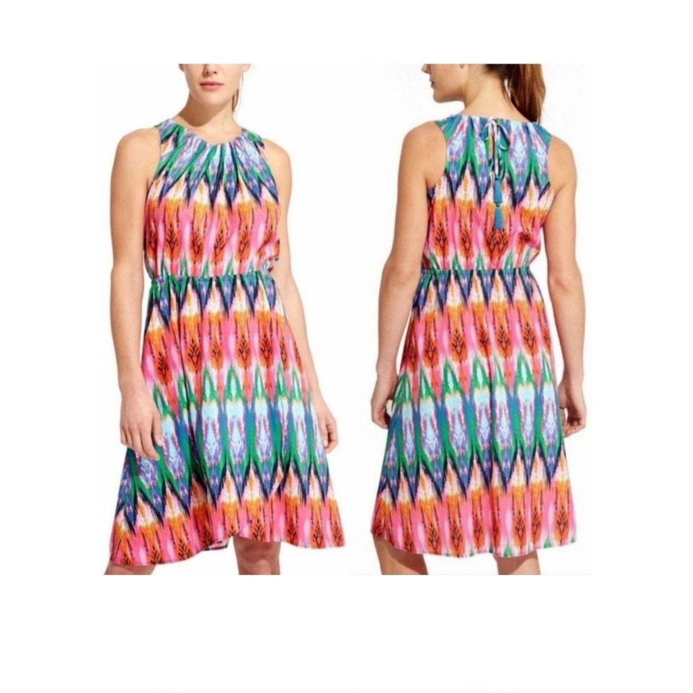 Athleta Womens Dress Midi Ikat Print Sleeveless Tassel tie Back Colorful Summer